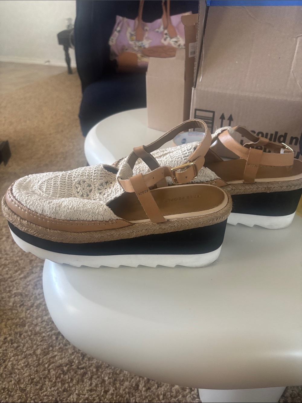 Free People Cream Crochet Platform Sandals with Tan Trim - Picture 3 of 6